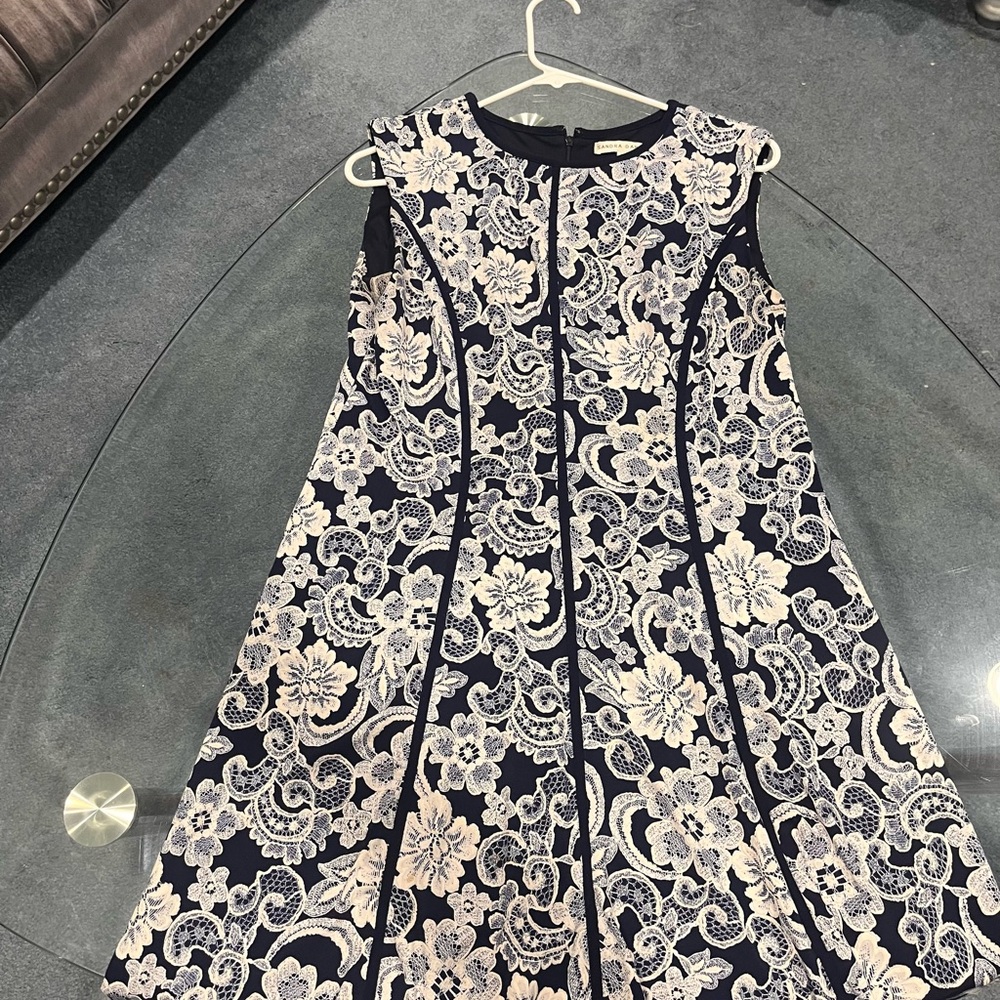 Sandra Darren Navy and White Floral Midi Dress